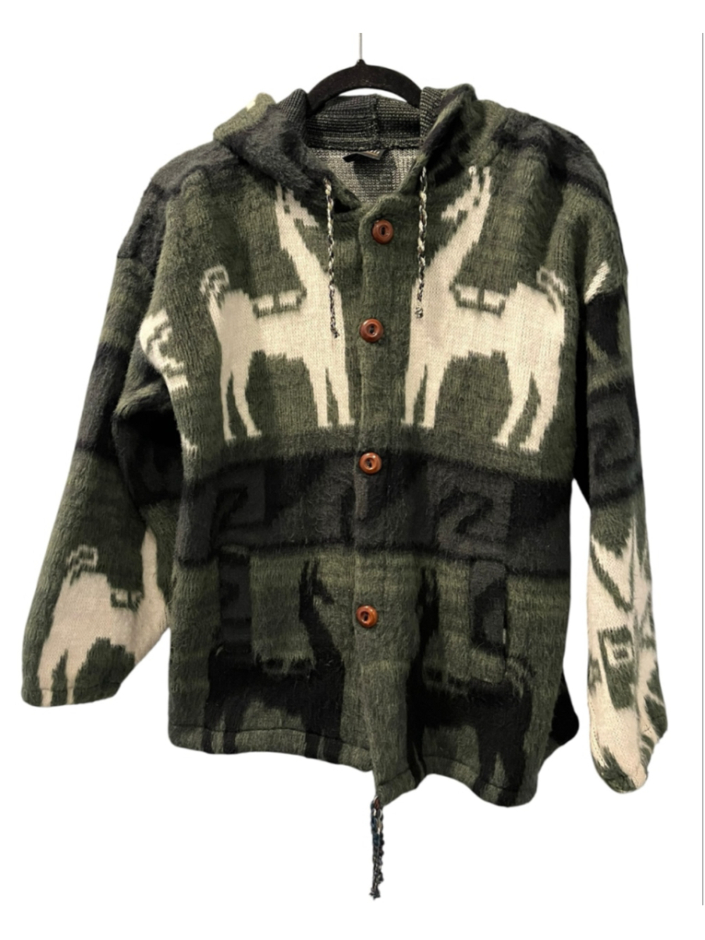 VTG Gensis Alpaca Wool Hooded Sweater Jacket Llama Aztec Green Small Stretch